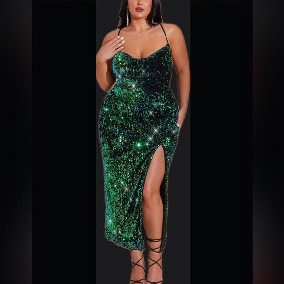 Luxe Velvet Sequin Side Slit Criss Cross Holiday Evening Wedding Dress Black - Picture 4 of 6